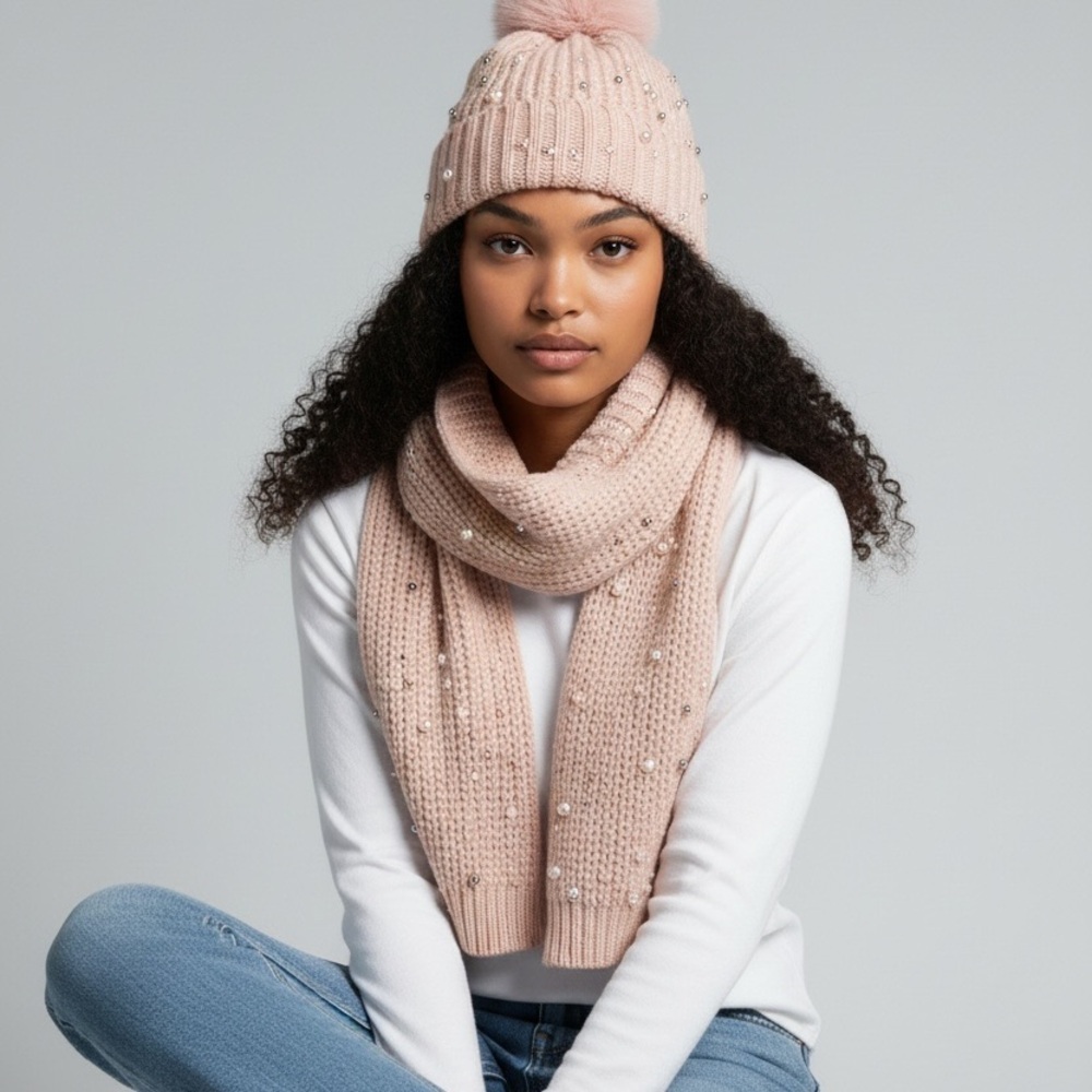 Jessica Simpson Blush Knit Hat and Scarf Set
